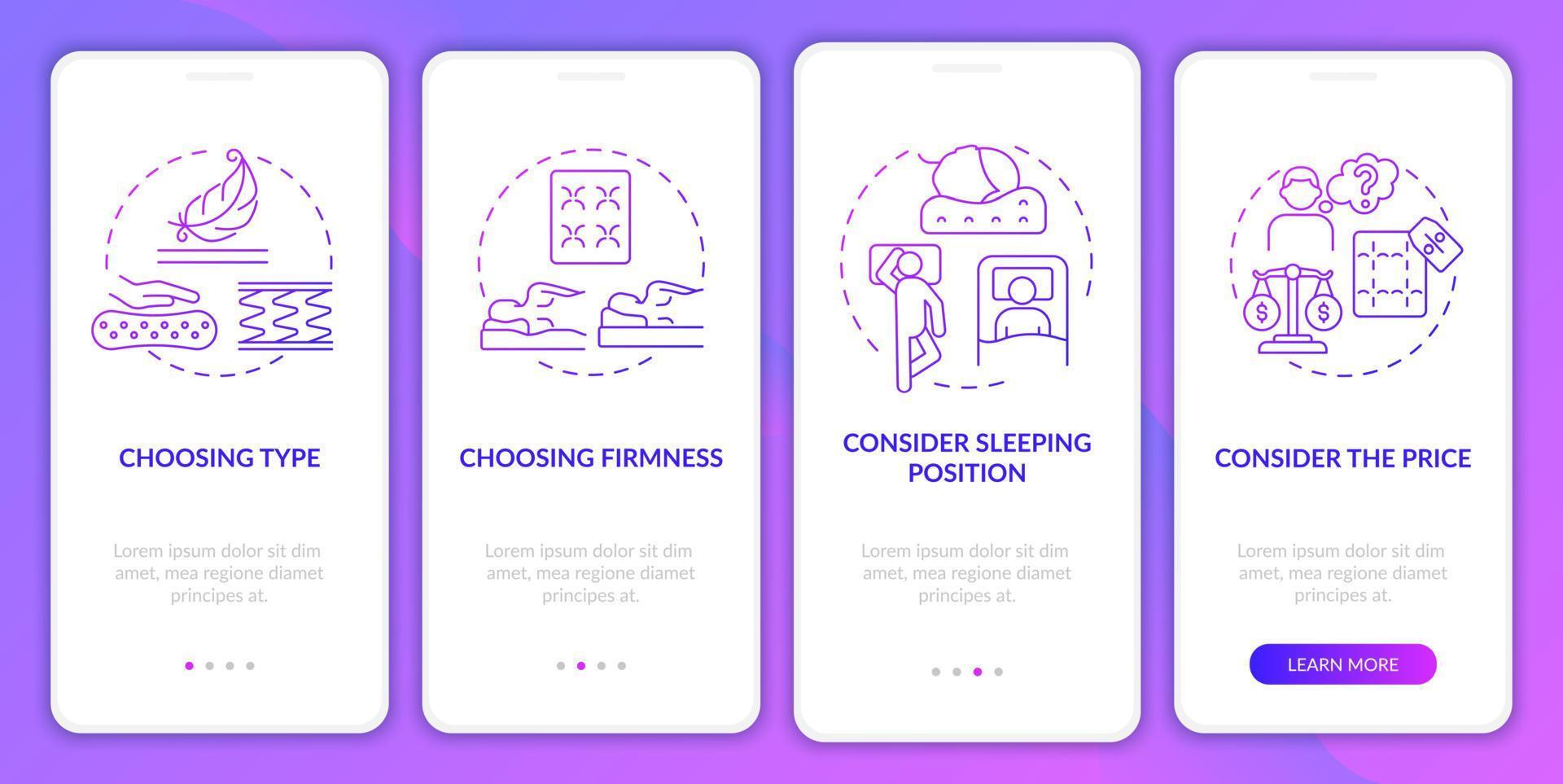 Choosing mattress purple gradient onboarding mobile app page screen. Walkthrough 4 steps graphic instructions with concepts. UI, UX, GUI vector template with linear color illustrations