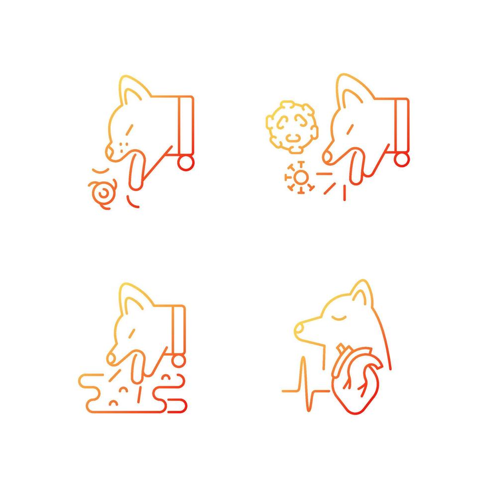 Pet stomach illness gradient linear vector icons set. Vomiting and kennel cough problems. Domestic animals diseases. Thin line contour symbols bundle. Isolated outline illustrations collection