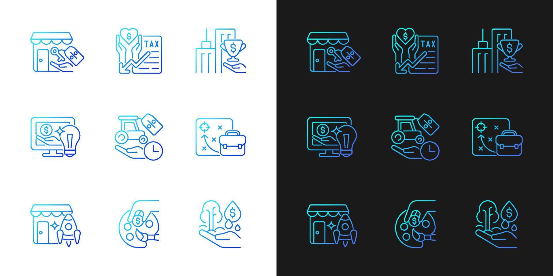 Small business financial support gradient icons set for dark, light mode. Tax payments deduction. Thin line contour symbols bundle. Isolated vector outline illustrations collection on black and white