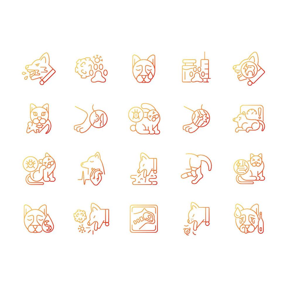 Pet disease gradient linear vector icons set. Infectious and viral illness. Physical animal injury. Veterinary examination. Thin line contour symbols bundle. Isolated outline illustrations collection