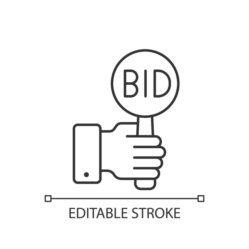 Bidding linear icon. Offering highest price to win. Bargaining for item. Auction participants. Thin line customizable illustration. Contour symbol. Vector isolated outline drawing. Editable stroke