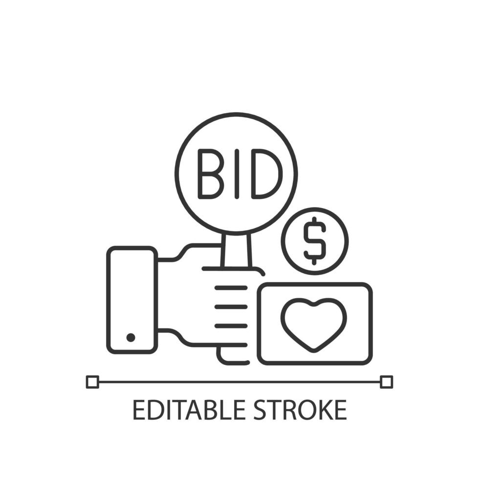 Charity auction linear icon. Fundraising event. Bidding for experimental assets. Bargaining. Thin line customizable illustration. Contour symbol. Vector isolated outline drawing. Editable stroke