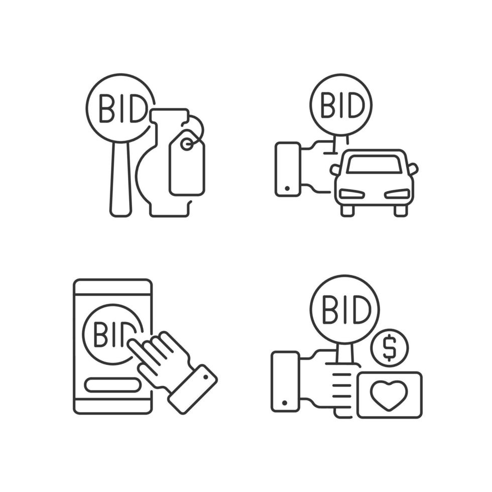 Auction items linear icons set. Art objects, vehicle selling. Online app for bargaining. Charity auction. Customizable thin line contour symbols. Isolated vector outline illustrations. Editable stroke