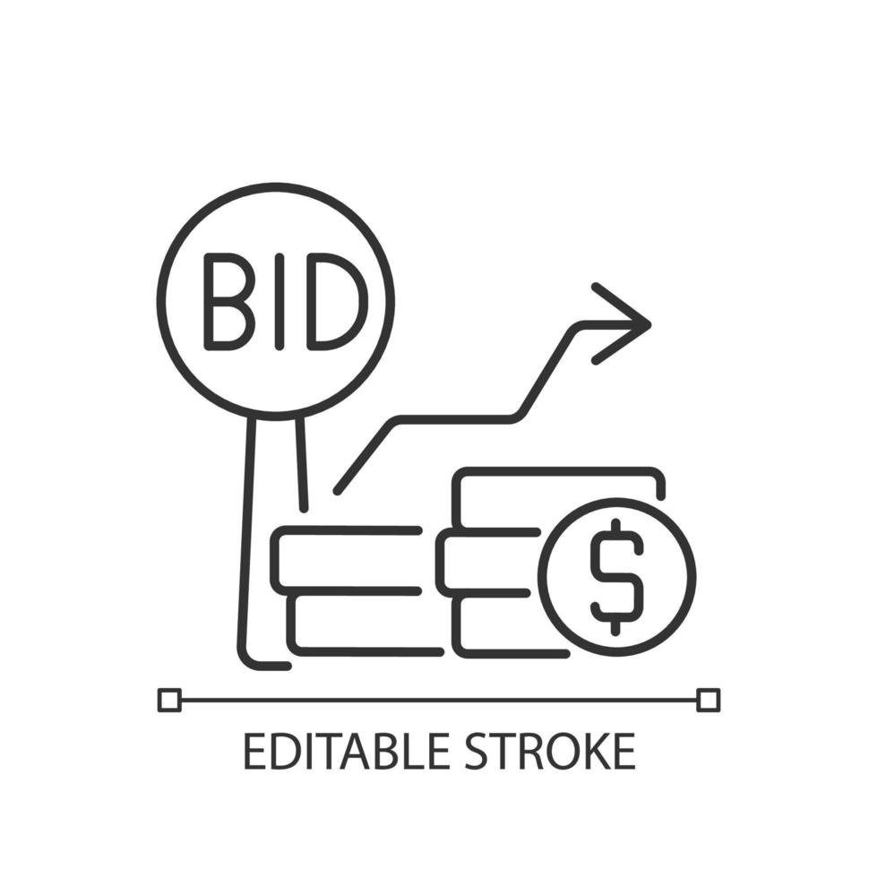 Bid increments linear icon. Minimum price increasing. Competitive bargaining. Public sales. Thin line customizable illustration. Contour symbol. Vector isolated outline drawing. Editable stroke