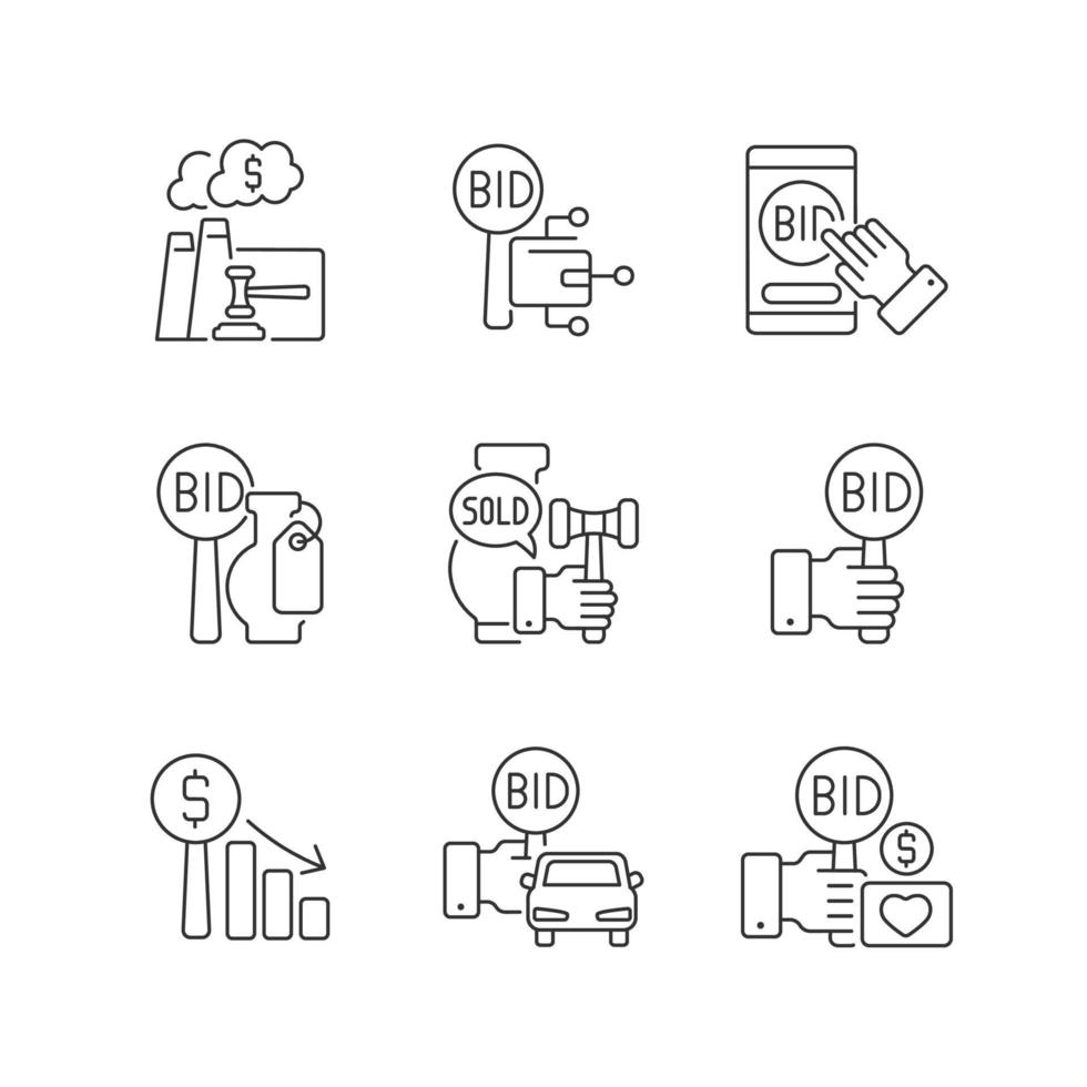 Types of auctions linear icons set. Auctioneer and participants. Bidding for vehicles and fine art. Customizable thin line contour symbols. Isolated vector outline illustrations. Editable stroke
