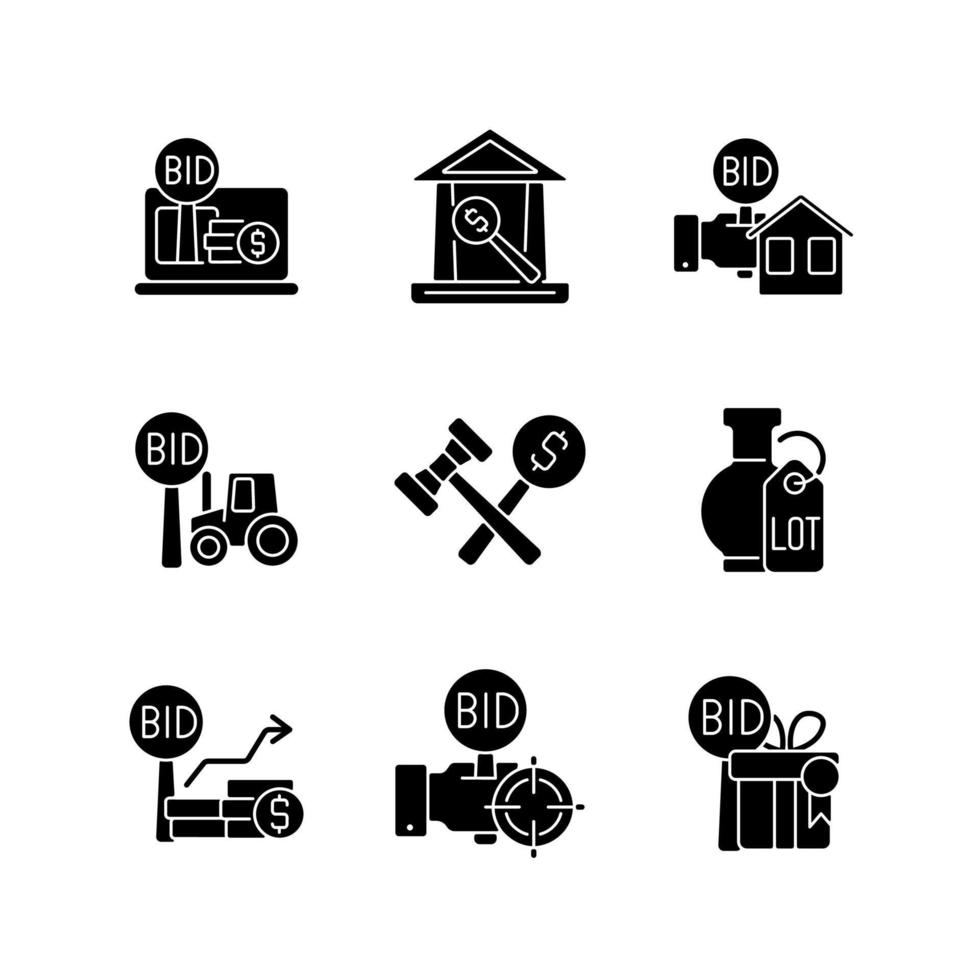 Types of bargaining black glyph icons set on white space. Auction house. Bidding for farm equipment. Auction winner. Selling property and antique. Silhouette symbols. Vector isolated illustration