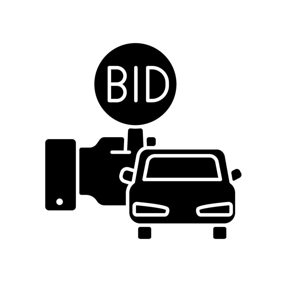 Vehicle auction black glyph icon. Bidding paddle. Automobile selling. Auto bargaining winner. Highest offer wins. Public sales. Silhouette symbol on white space. Vector isolated illustration