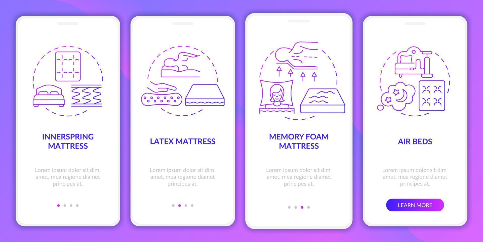 Common mattress types purple gradient onboarding mobile app page screen. Walkthrough 4 steps graphic instructions with concepts. UI, UX, GUI vector template with linear color illustrations