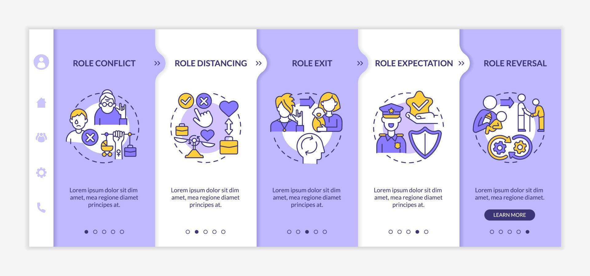 Social roles concept onboarding vector template. Responsive mobile website with icons. Web page walkthrough 5 step screens. Position activity in community color concept with linear illustrations