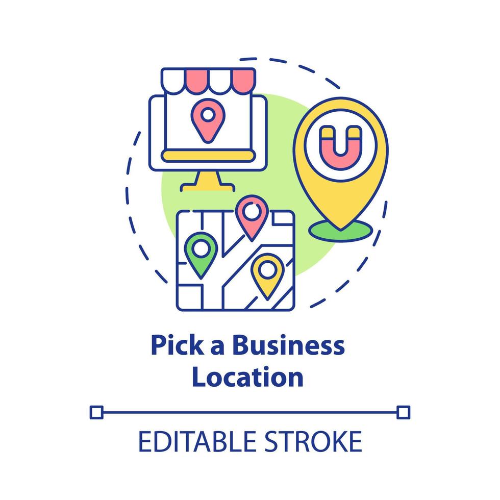 Pick business location concept icon. Mark on map for customers comfort. Making business visible abstract idea thin line illustration. Vector isolated outline color drawing. Editable stroke