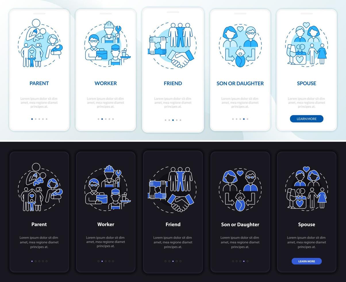 Social role example onboarding mobile app page screen. People function walkthrough 4 steps graphic instructions with concepts. UI, UX, GUI vector template with linear night and day mode illustrations