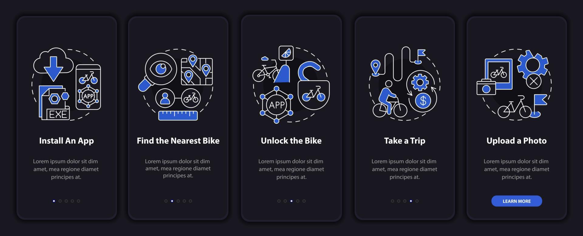 Bike-share guide onboarding mobile app page screen. Uploading photo walkthrough 5 steps graphic instructions with concepts. UI, UX, GUI vector template with linear night mode illustrations