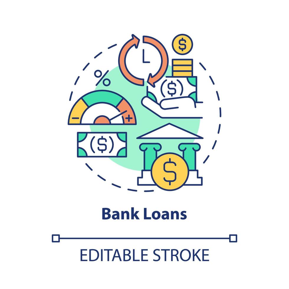 Bank loans concept icon. Getting money for business development. Financing startup boost abstract idea thin line illustration. Vector isolated outline color drawing. Editable stroke