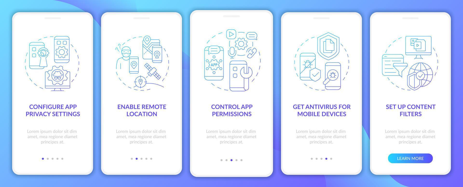 Cyber safety keeping tips onboarding mobile app page screen. Information protect walkthrough five steps graphic instructions with concepts. UI, UX, GUI vector template with linear color illustrations