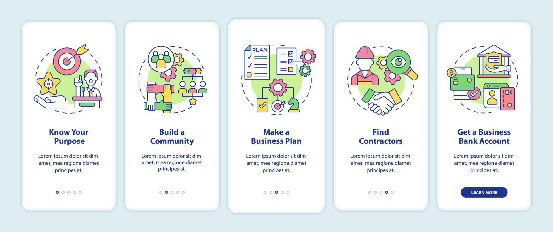 Startup boosting tips onboarding mobile app page screen. Entrepreneurship walkthrough 5 steps graphic instructions with concepts. UI, UX, GUI vector template with linear color illustrations