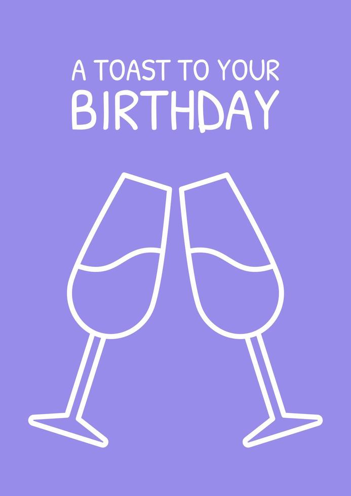  postal de saludos de feliz cumpleaños con icono de glifo lineal. bebiendo vino. tarjeta de felicitación