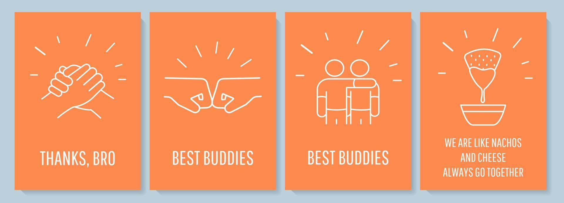 Celebrating joy of true friendship postcard with linear glyph icon set. Greeting card with decorative vector design. Simple style poster with creative lineart illustration. Flyer with holiday wish