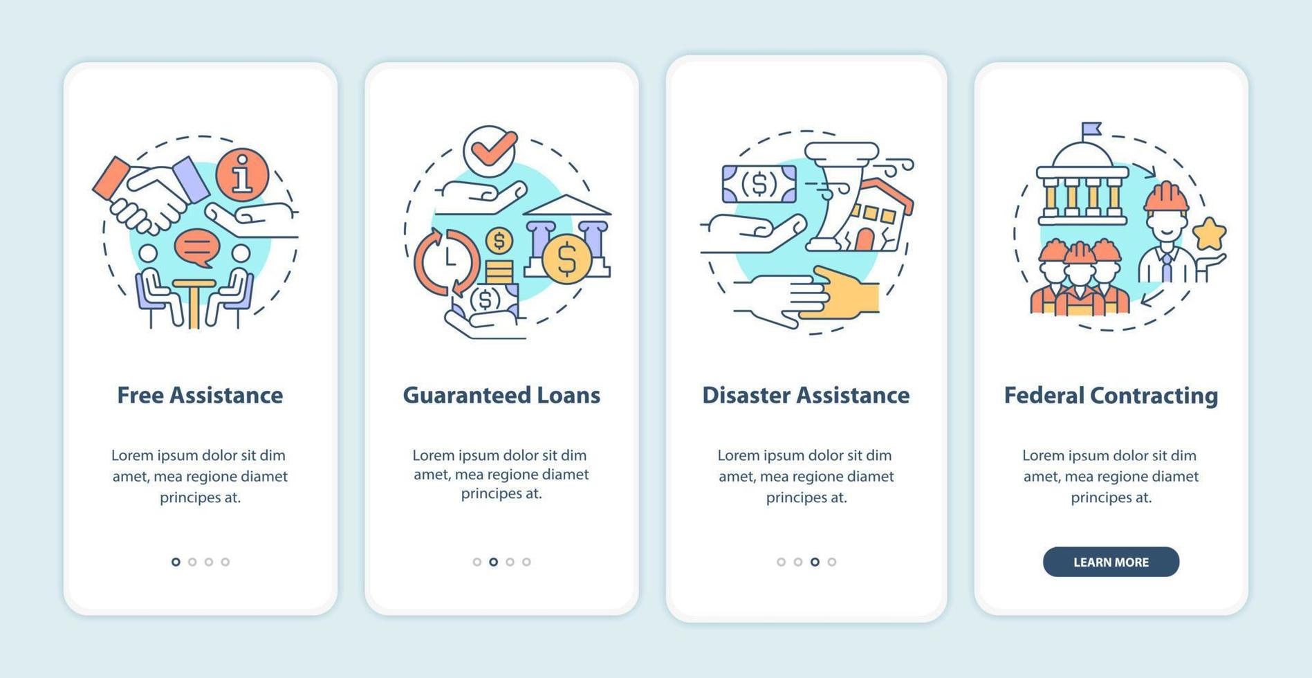 Government programs for business onboarding mobile app page screen. Startup walkthrough 4 steps graphic instructions with concepts. UI, UX, GUI vector template with linear color illustrations