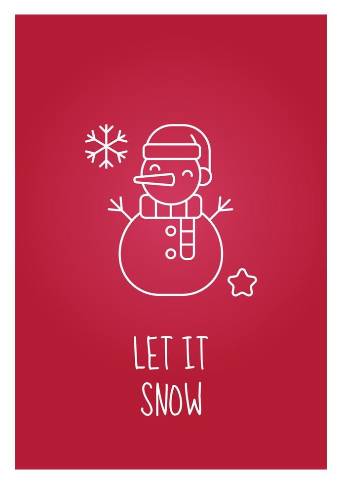 Time for snowfall postcard with linear glyph icon. Building snowman. Greeting card with decorative vector design. Simple style poster with creative lineart illustration. Flyer with holiday wish