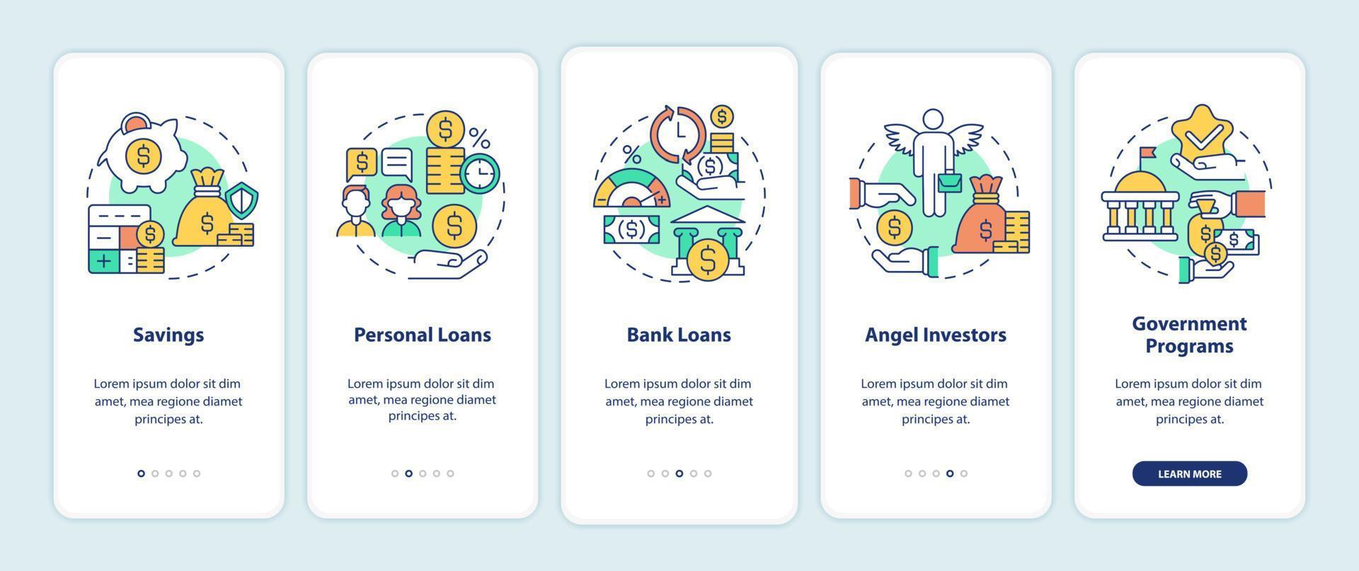 Small business financial tips onboarding mobile app page screen. Startup launch walkthrough 5 steps graphic instructions with concepts. UI, UX, GUI vector template with linear color illustrations