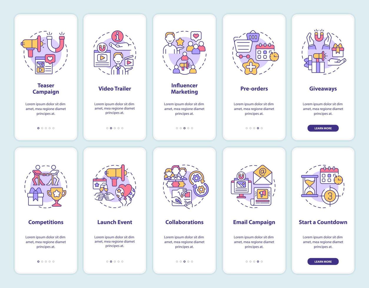 Small business launch tips onboarding mobile app page screen set. Startup boost walkthrough 5 steps graphic instructions with concepts. UI, UX, GUI vector template with linear color illustrations