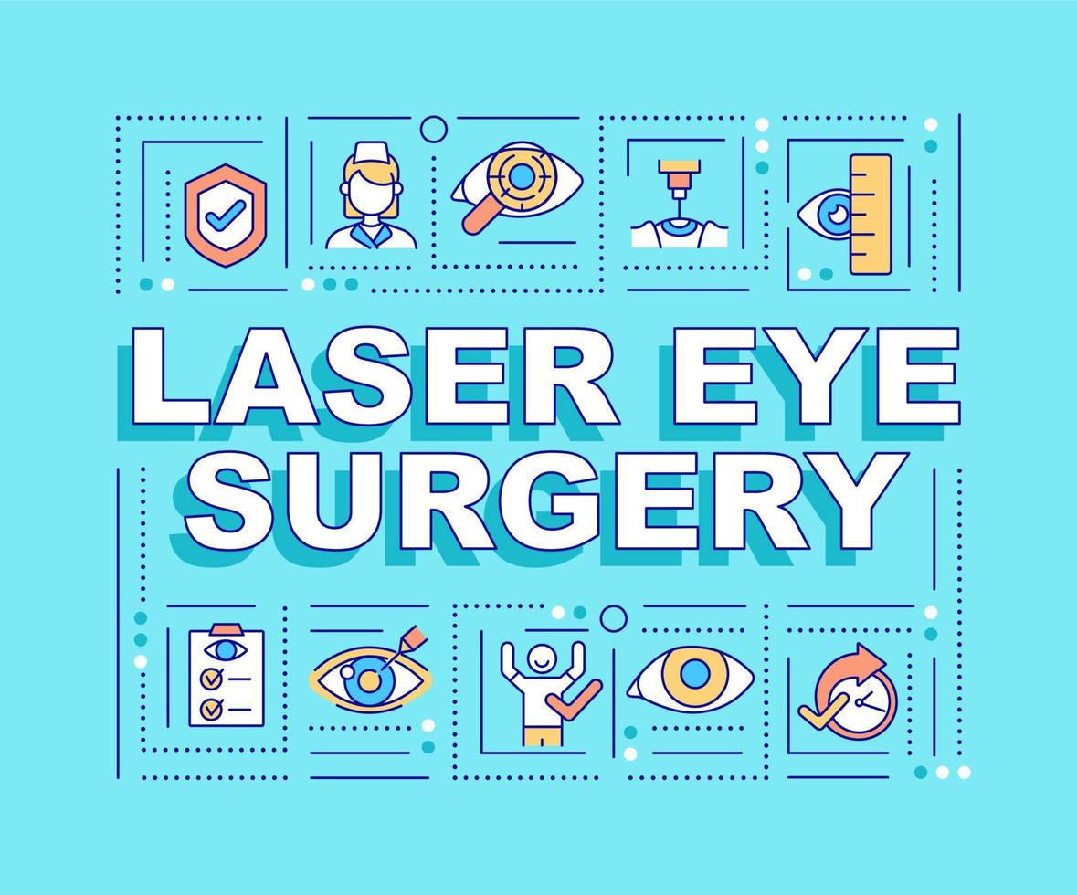 Laser eye surgery word concepts banner. Fast and safe operation. Infographics with linear icons on blue background. Isolated creative typography. Vector outline color illustration with text