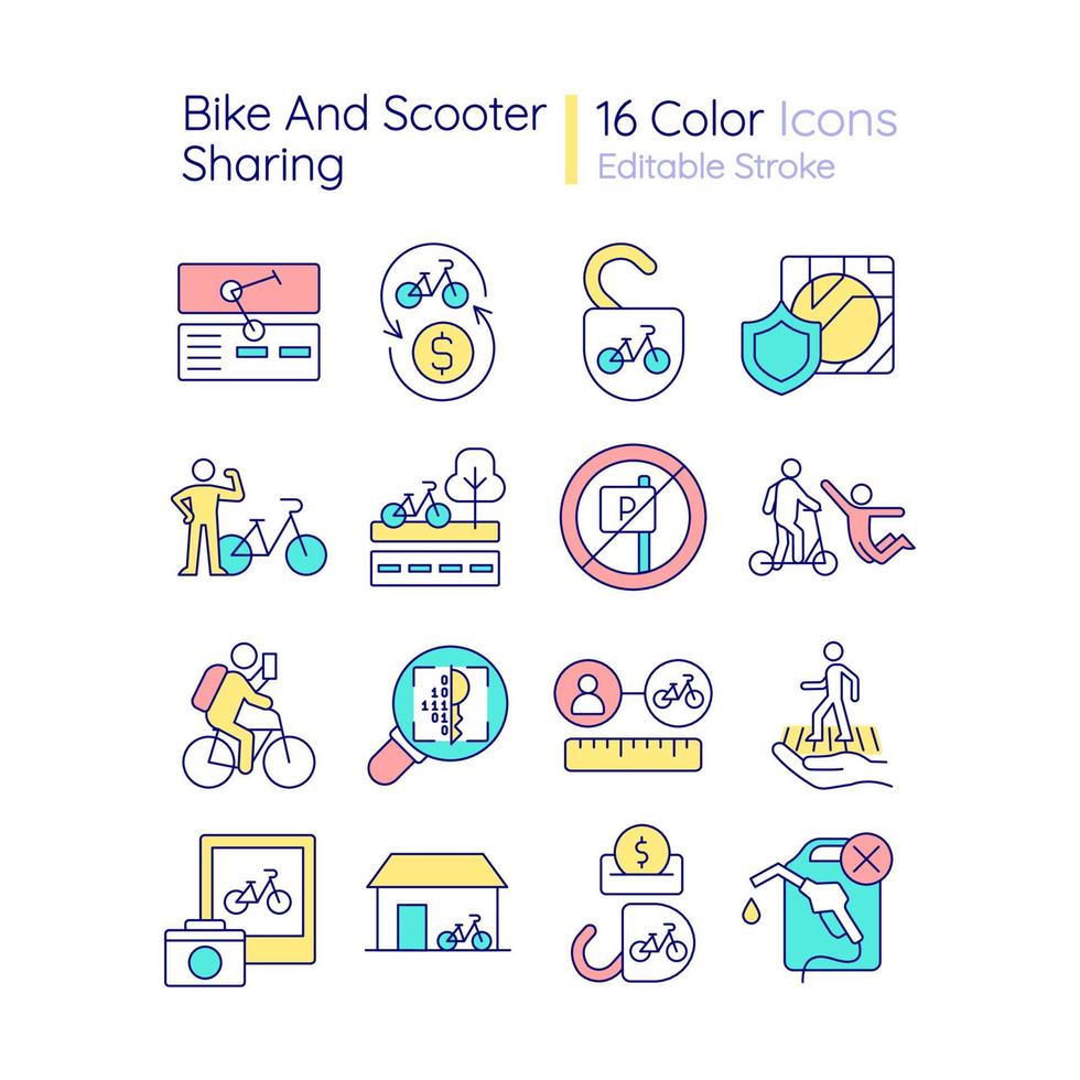 Bike and scooter sharing RGB color icons set. Cycling-friendly infrastructure. Pay for bike use. Visual clutter. Isolated vector illustrations. Simple filled line drawings collection. Editable stroke