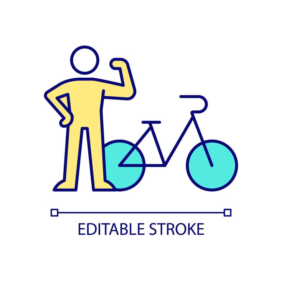 Building muscles through cycling RGB color icon. Exercising on bicycle. Cardio workout. Improving muscular endurance. Isolated vector illustration. Simple filled line drawing. Editable stroke