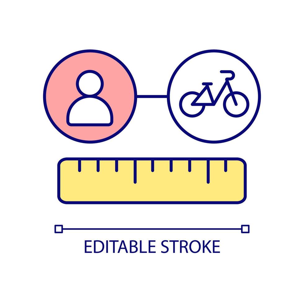 Medición de la distancia al icono de color rgb de la estación de bicicletas. encontrar la ubicación más cercana. buscando servicio de bicicletas compartidas. ilustración vectorial aislada. dibujo lineal relleno simple. trazo editable vector