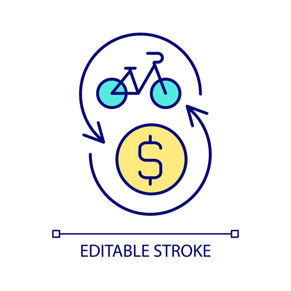 Bike-share program RGB color icon. Paying for bike usage. Trip-based fee. Shared micromobility. Public bicycle scheme. Isolated vector illustration. Simple filled line drawing. Editable stroke