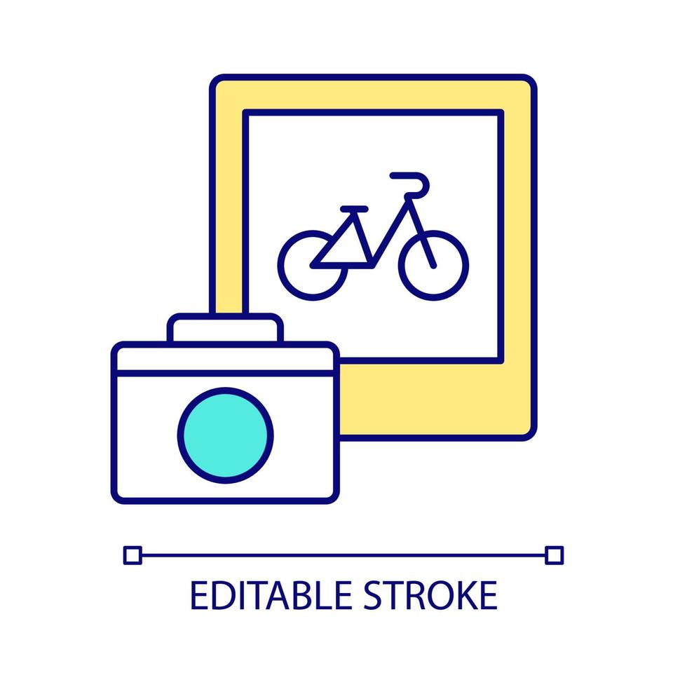 Taking picture of bicycle RGB color icon. Sharing pictures of bike in social media. Successful bicycle selling. Isolated vector illustration. Simple filled line drawing. Editable stroke