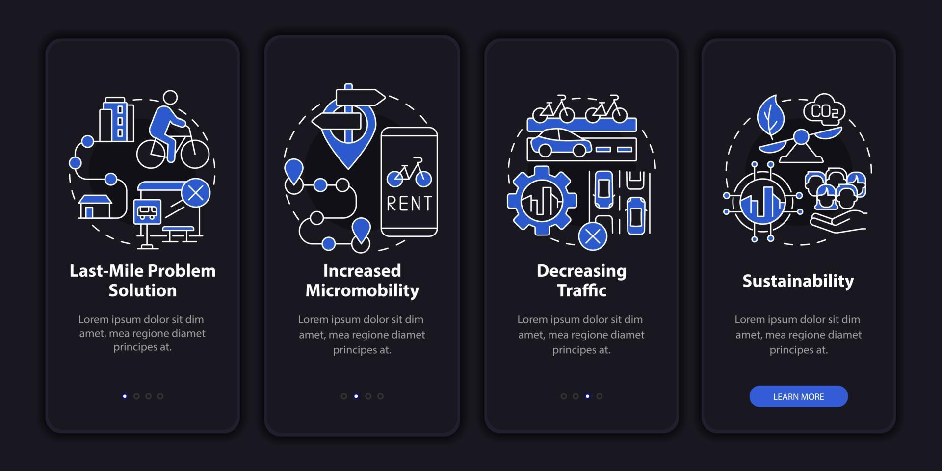 ventajas de compartir scooter al incorporar la pantalla de la página de la aplicación móvil. tutorial de sostenibilidad 4 pasos instrucciones gráficas con conceptos. ui, ux, plantilla de vector de interfaz gráfica de usuario con ilustraciones lineales en modo nocturno