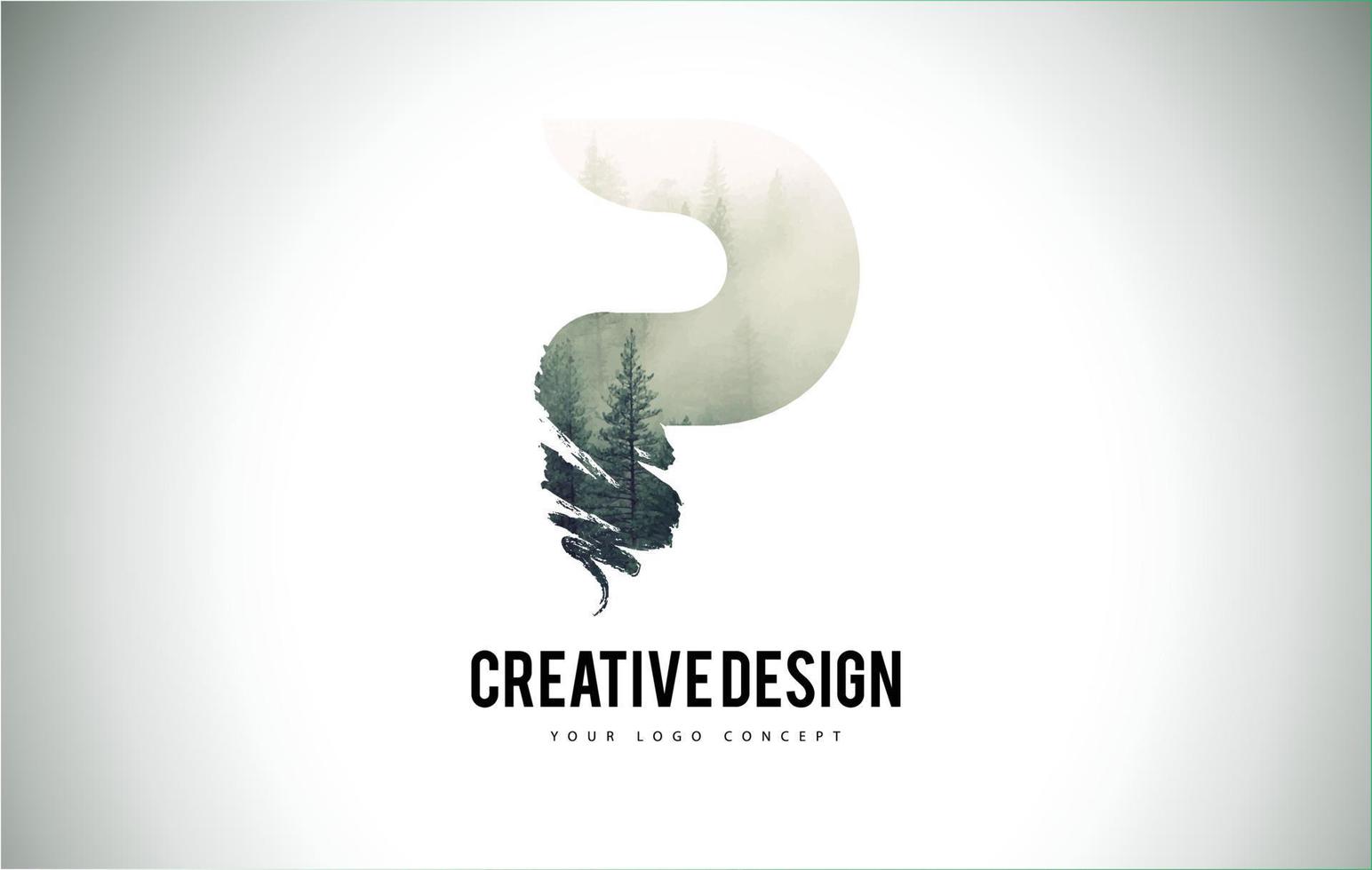 P Letter Brush with Forest Fog Texture. Forest Trees Letter Logo Design. vector