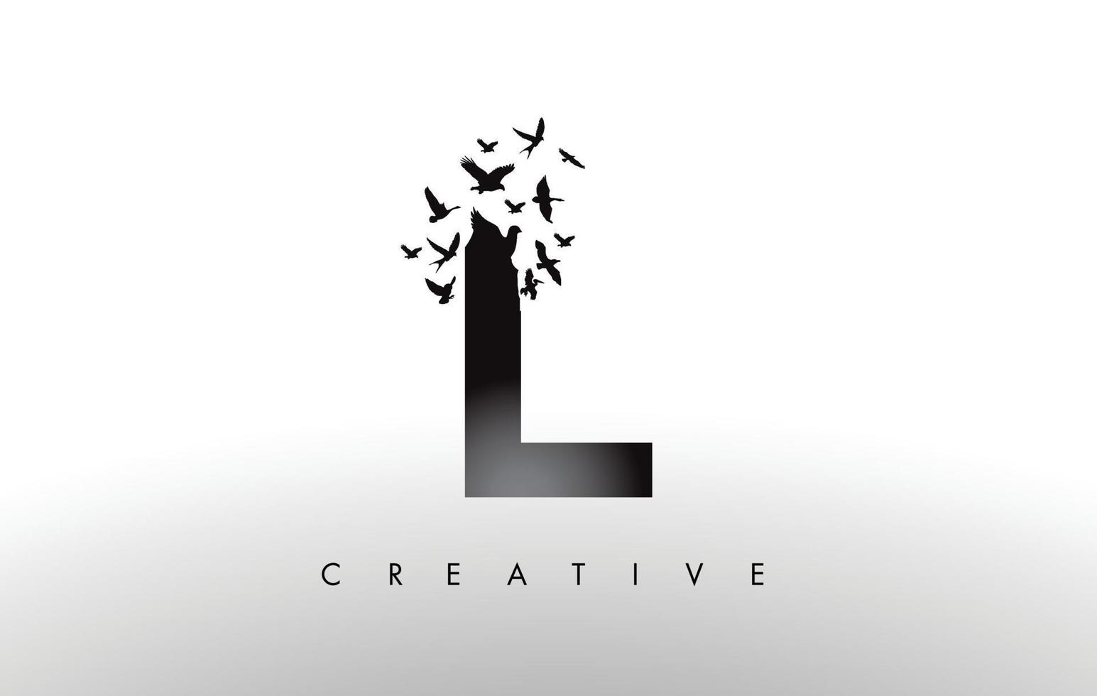 L Logo Letter with Flock of Birds Flying and Disintegrating from the Letter. vector