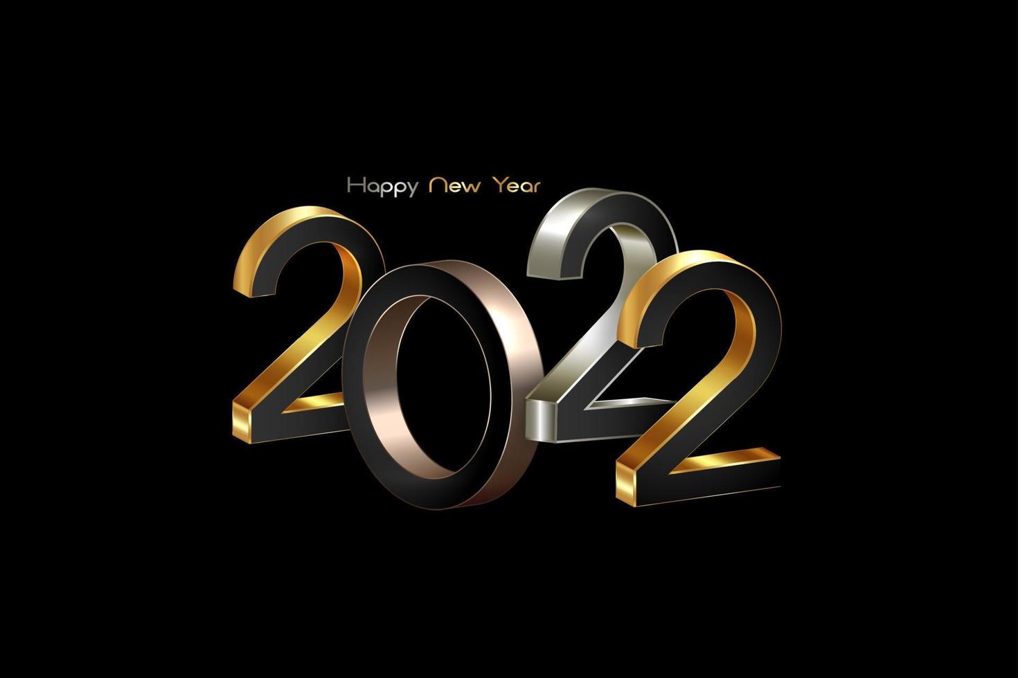2022 golden, bronze and silver bold letters. New Year 3D logo for Holiday greeting card. Vector illustration isolated on black background, eve fashion luxury template