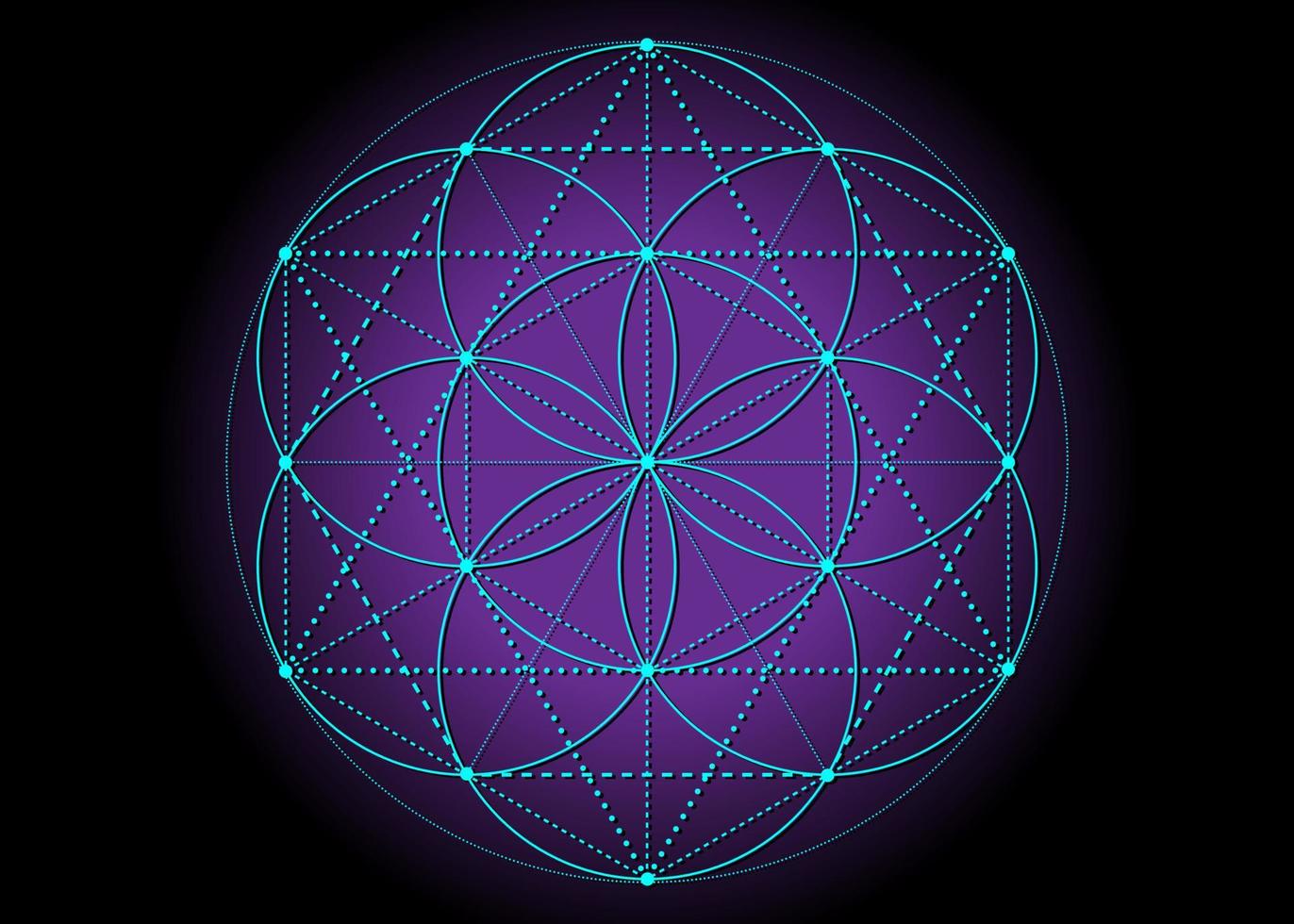 Flower of Life, Seed of life symbol Sacred Geometry, mystic mandala of alchemy esoteric sign. Vector blue neon bright color effect isolated on purple background