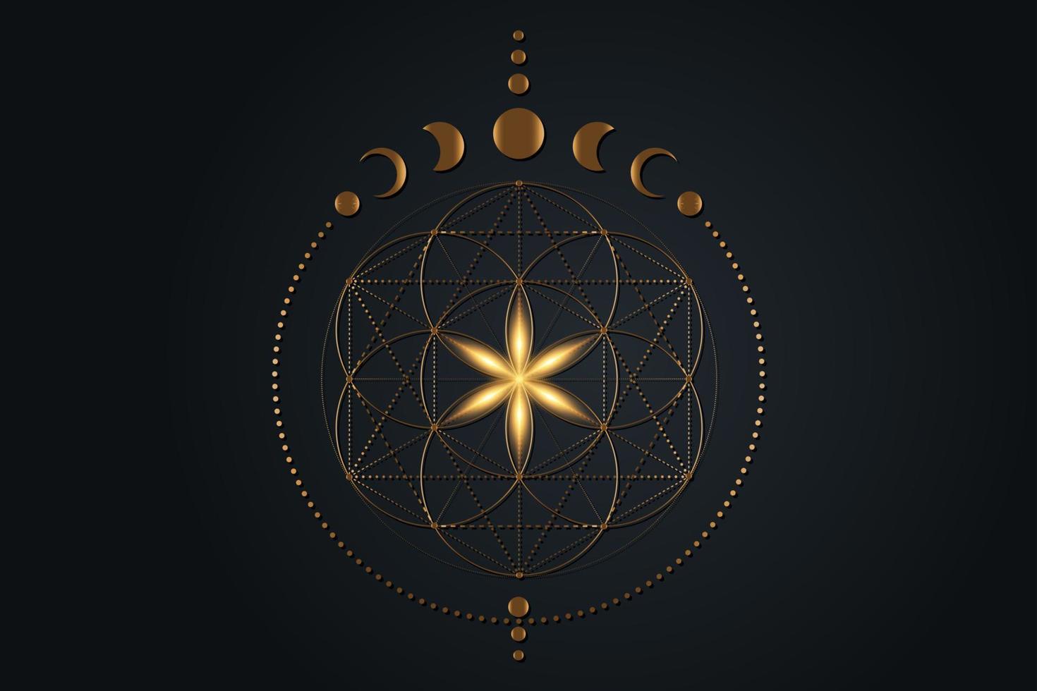 Mystical flower of life and Moon Phases, Sacred geometry. Gold Seed of life. Pagan Wiccan goddess symbol, old golden wicca banner sign, energy circles, boho style vector isolated on black background