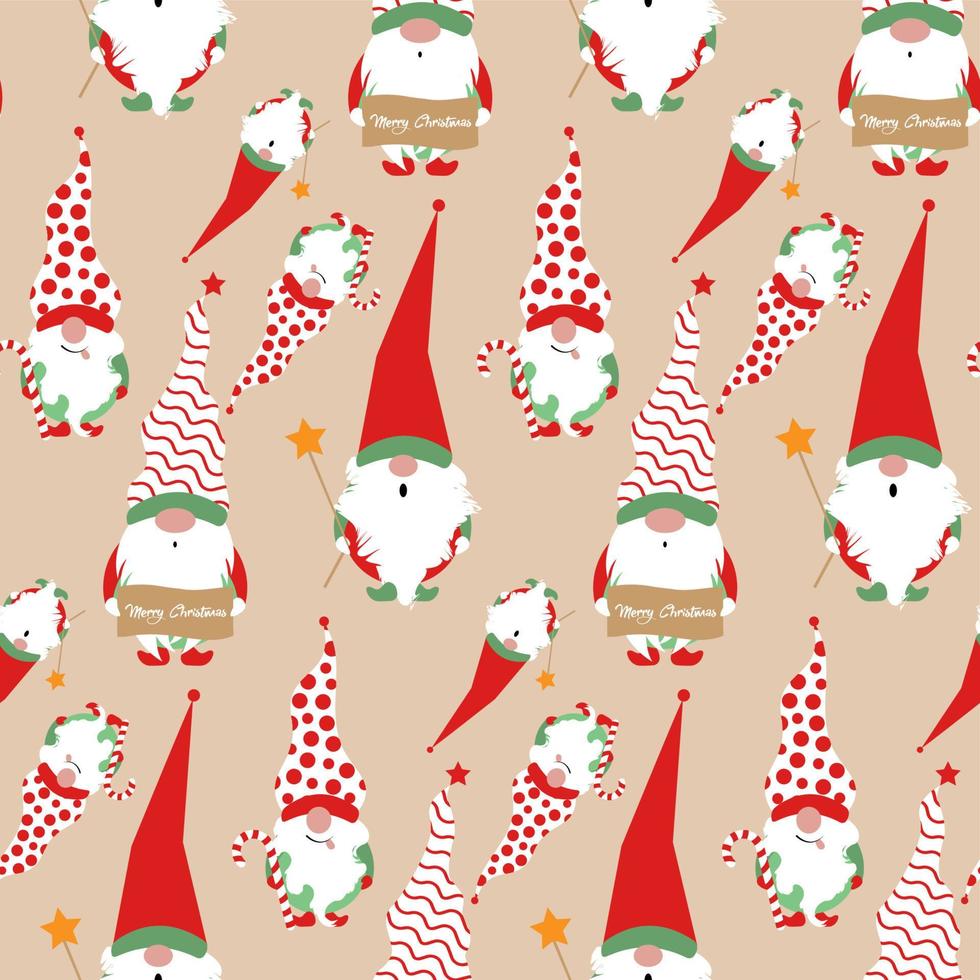 Seamless print set of Christmas Gnome, Scandinavian Nordic Gnome, Cute Christmas Santa Gnome Elf. Vector Illustration isolated on beige background. Xmas elements for paper design