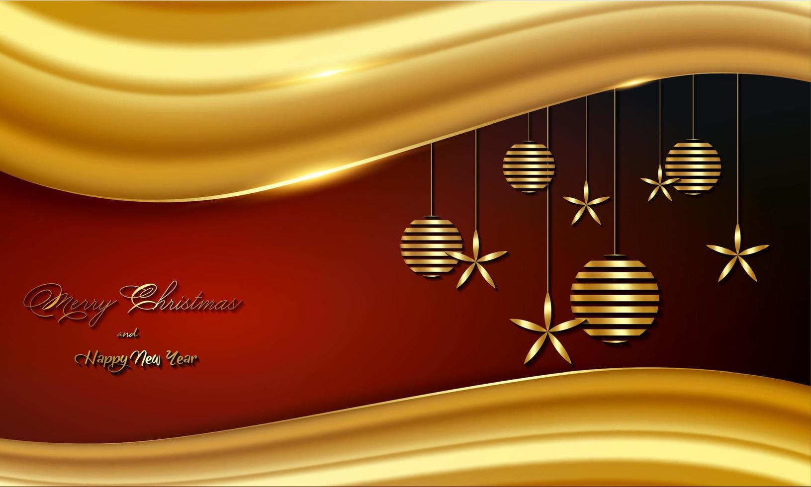 Christmas luxury holiday banner with gold handwritten Merry Christmas and Happy New Year greetings and gold colored Christmas balls. Vector illustration isolated on red background