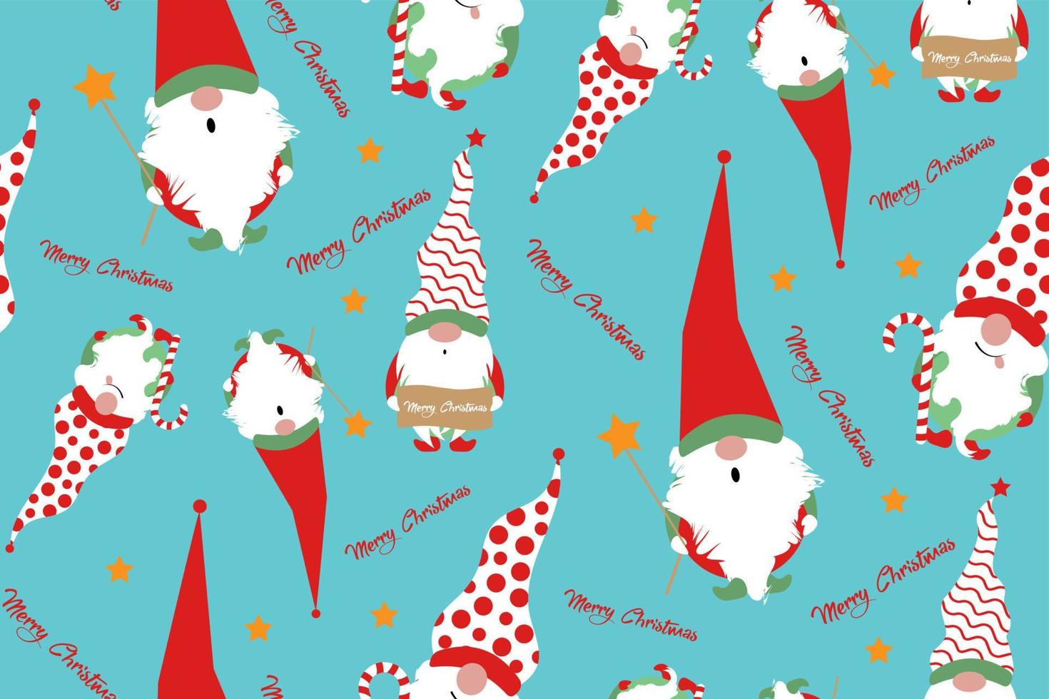 Seamless print set of Christmas Gnome, Scandinavian Nordic Gnome, Cute Christmas Santa Gnome Elf. Vector Illustration isolated on blue background. Xmas elements for paper design