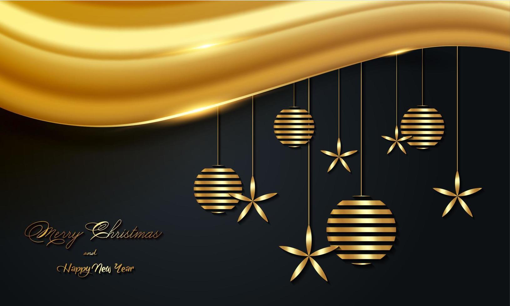 Banner de vacaciones de lujo navideño con feliz navidad y feliz año nuevo manuscrito dorado y bolas navideñas de color dorado. ilustración vectorial aislado sobre fondo negro vector