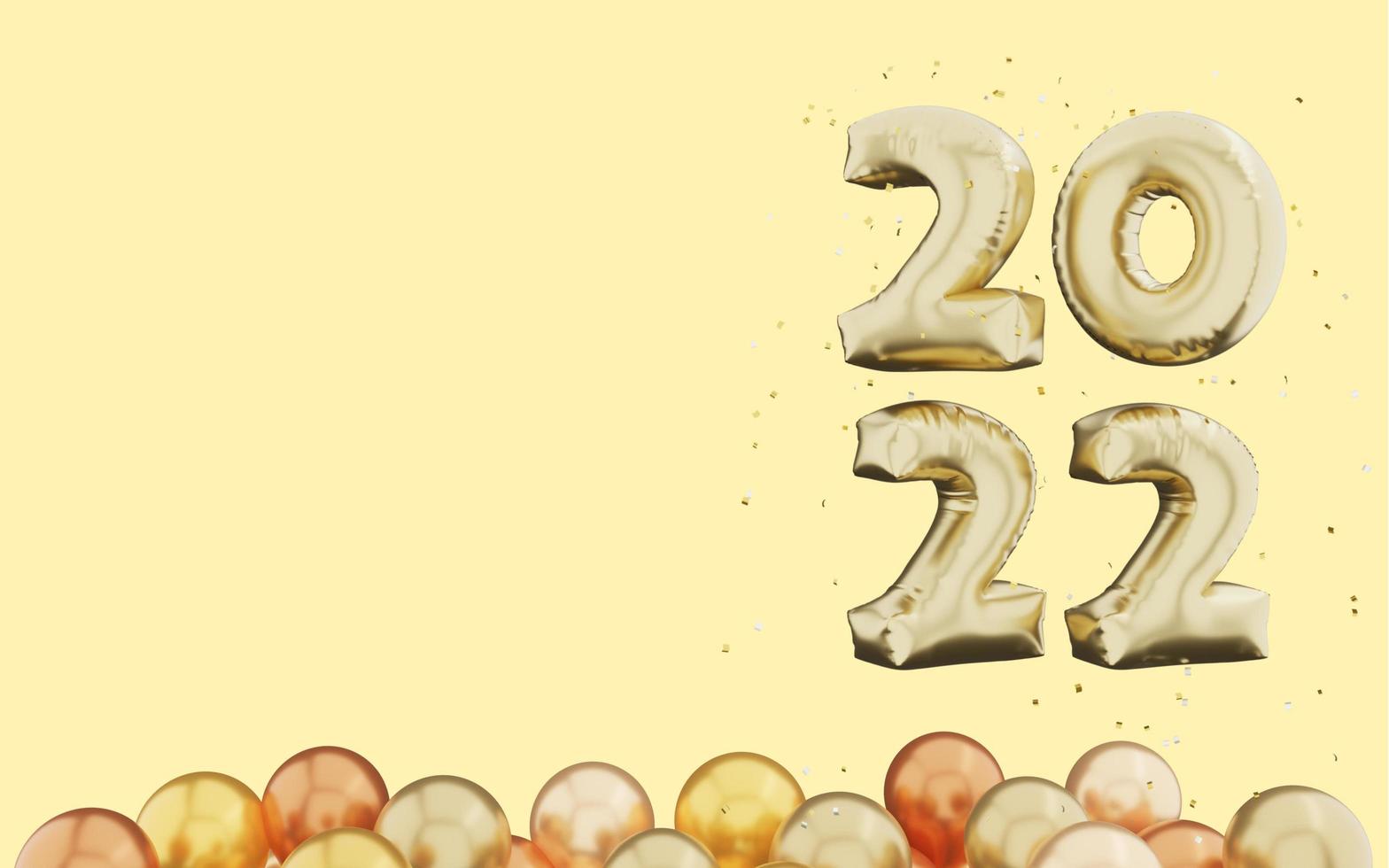 3d rendering of Happy New Year 2022 with balloon and confetti on yellow background photo