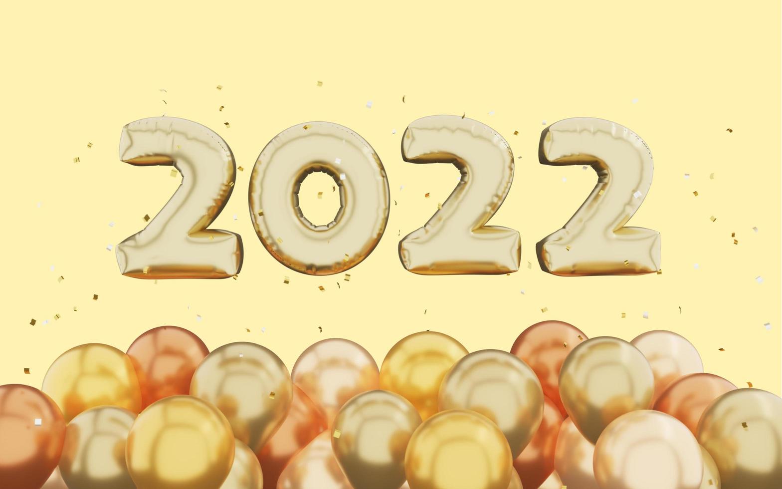 Representación 3D de feliz año nuevo 2022 con globos y confeti sobre fondo amarillo foto