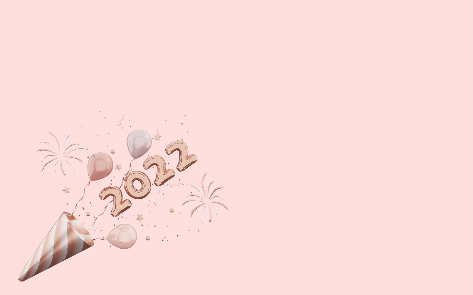 Representación 3D de oro rosa feliz año nuevo 2022 con fuegos artificiales y confeti sobre fondo rosa foto