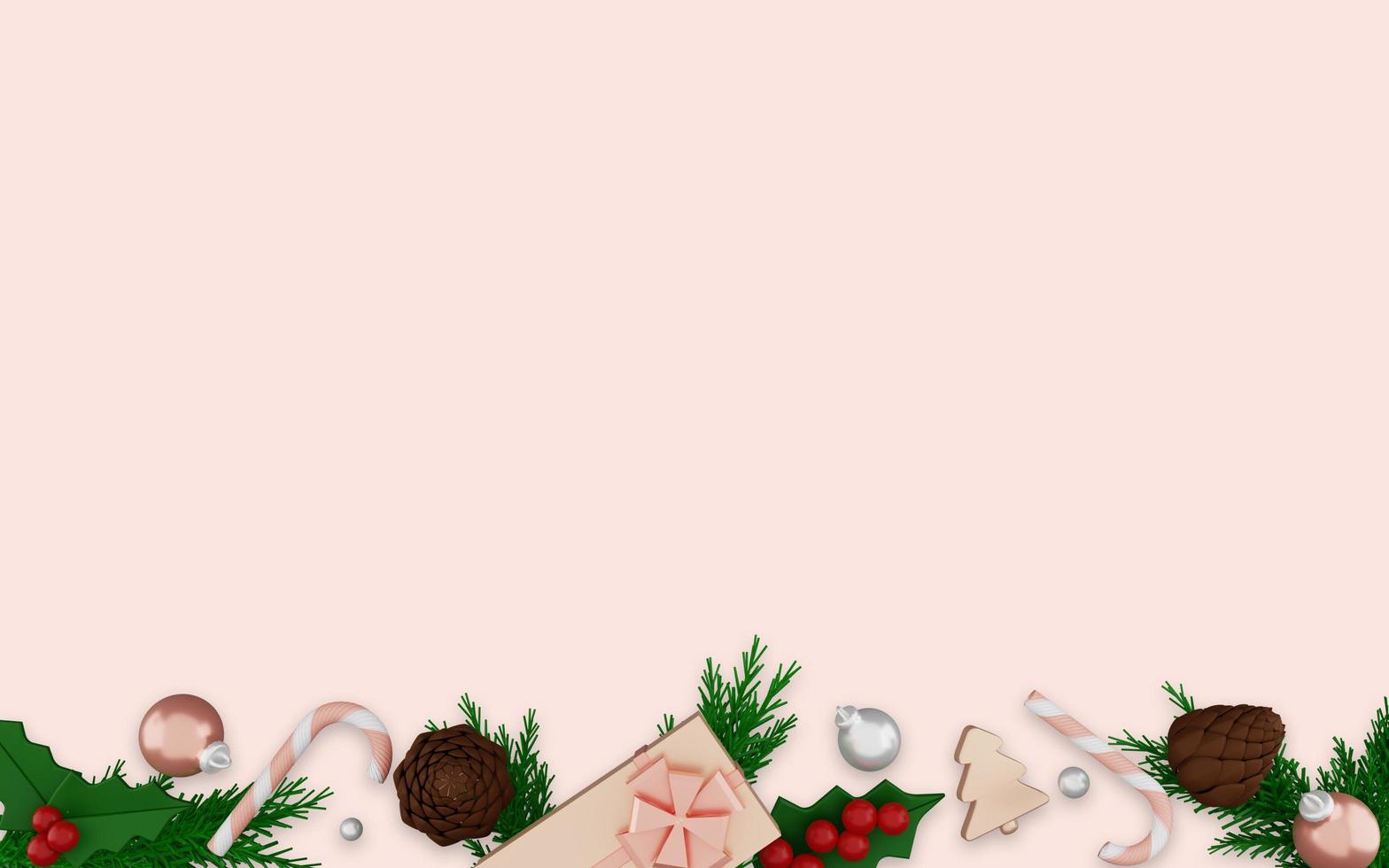 3d rendering of merry christmas ornaments on pink background photo