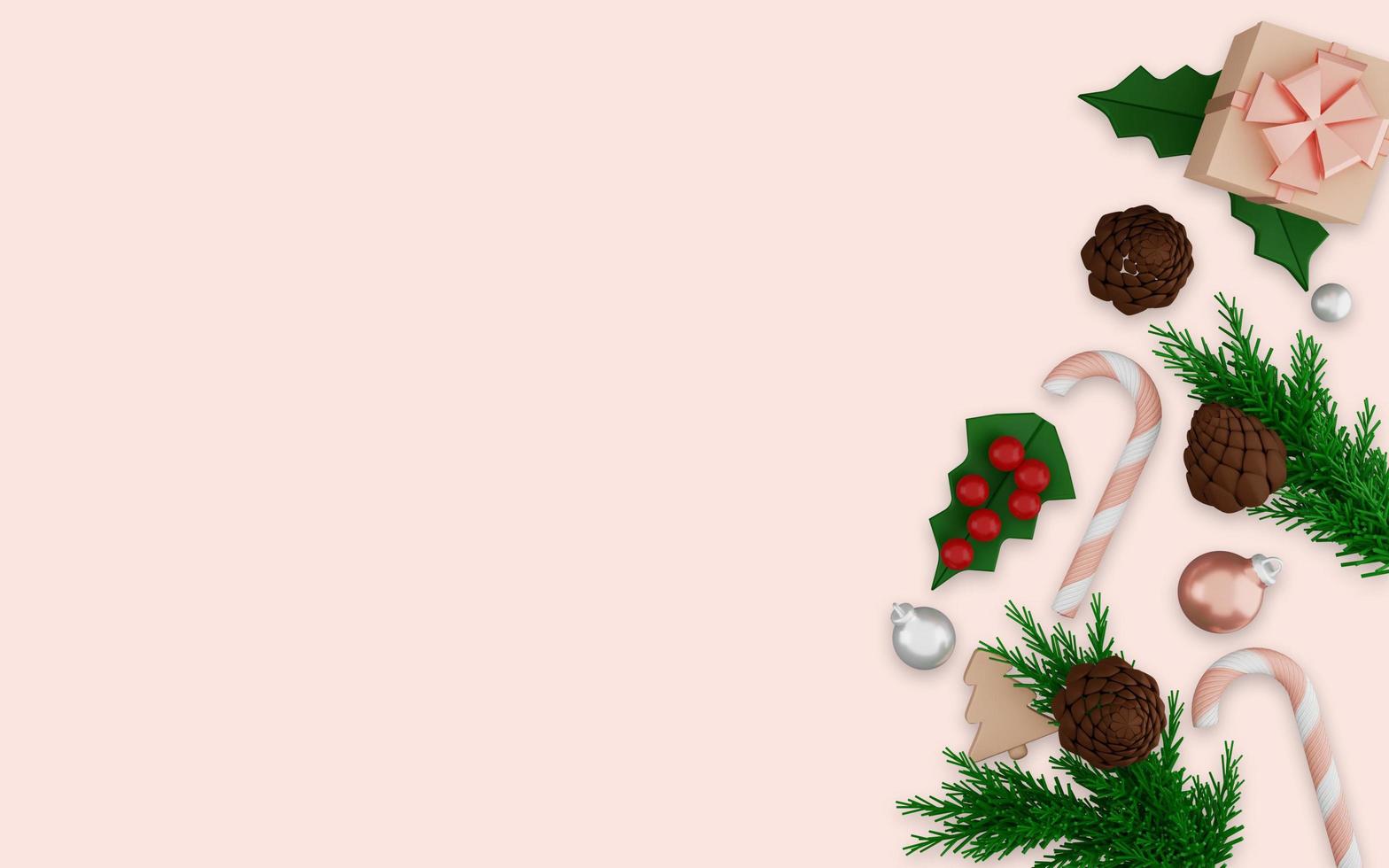 3d rendering of merry christmas ornaments on pink background photo