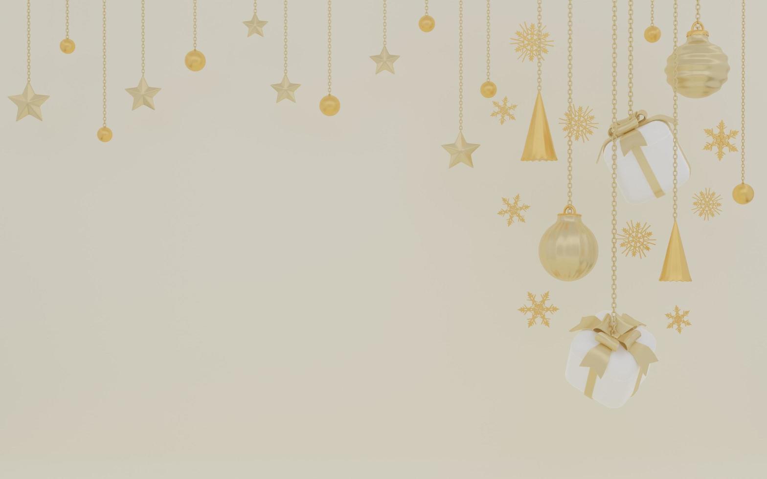 3d rendering of gold merry christmas on yellow background with ornament photo