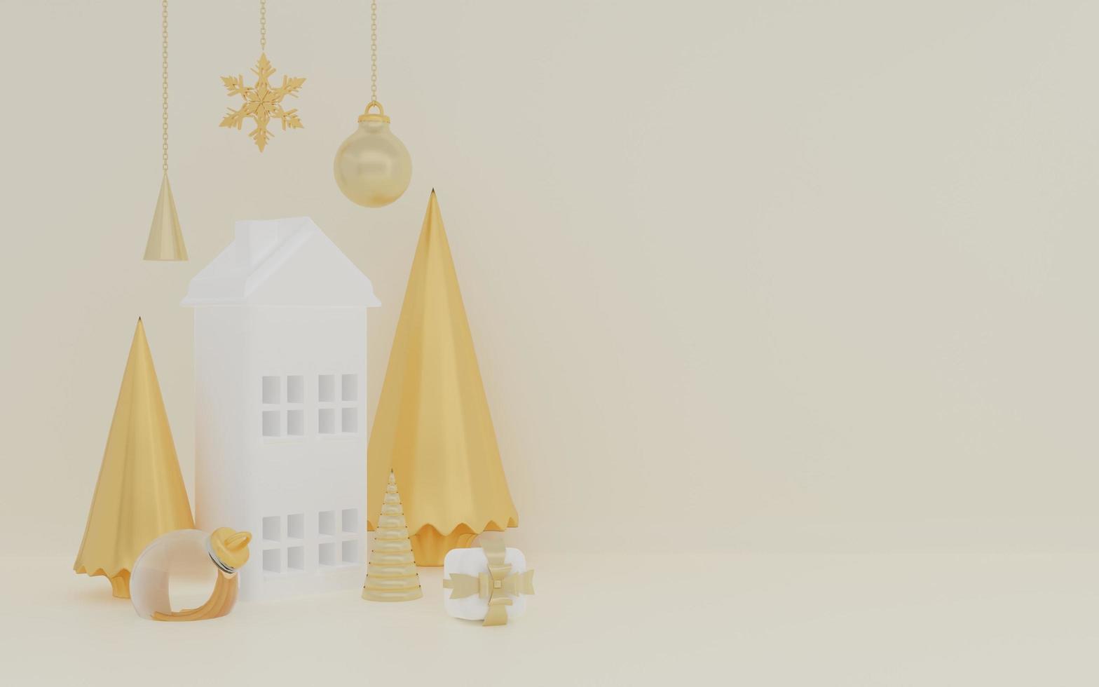 3d rendering of gold merry christmas on yellow background with ornament photo