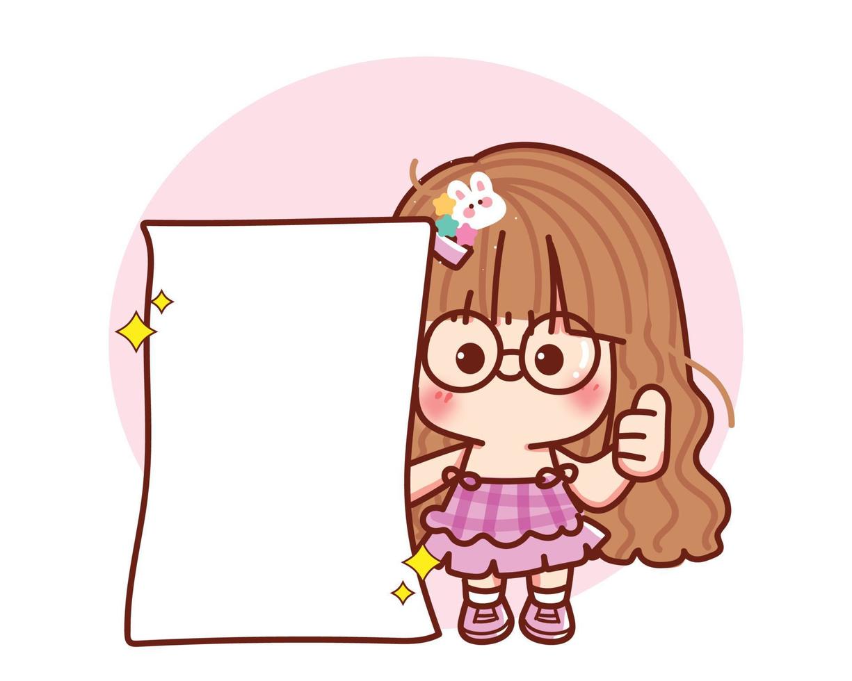 linda chica sosteniendo un cartel de banner vacío y mostrando un golpe con el dedo ilustración de arte de dibujos animados dibujados a mano de dibujos animados vector