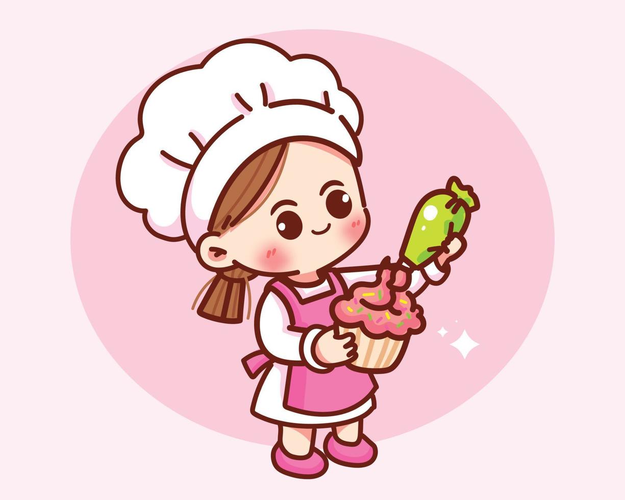 Happy cute girl chef decorates the cake sweet cream cooking birthday pastry logo cartoon hand drawn cartoon art illustration vector